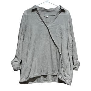 J.Jill XL Striped Seersucker Tunic Top Beige White Cotton Stretch Roll Sleeve